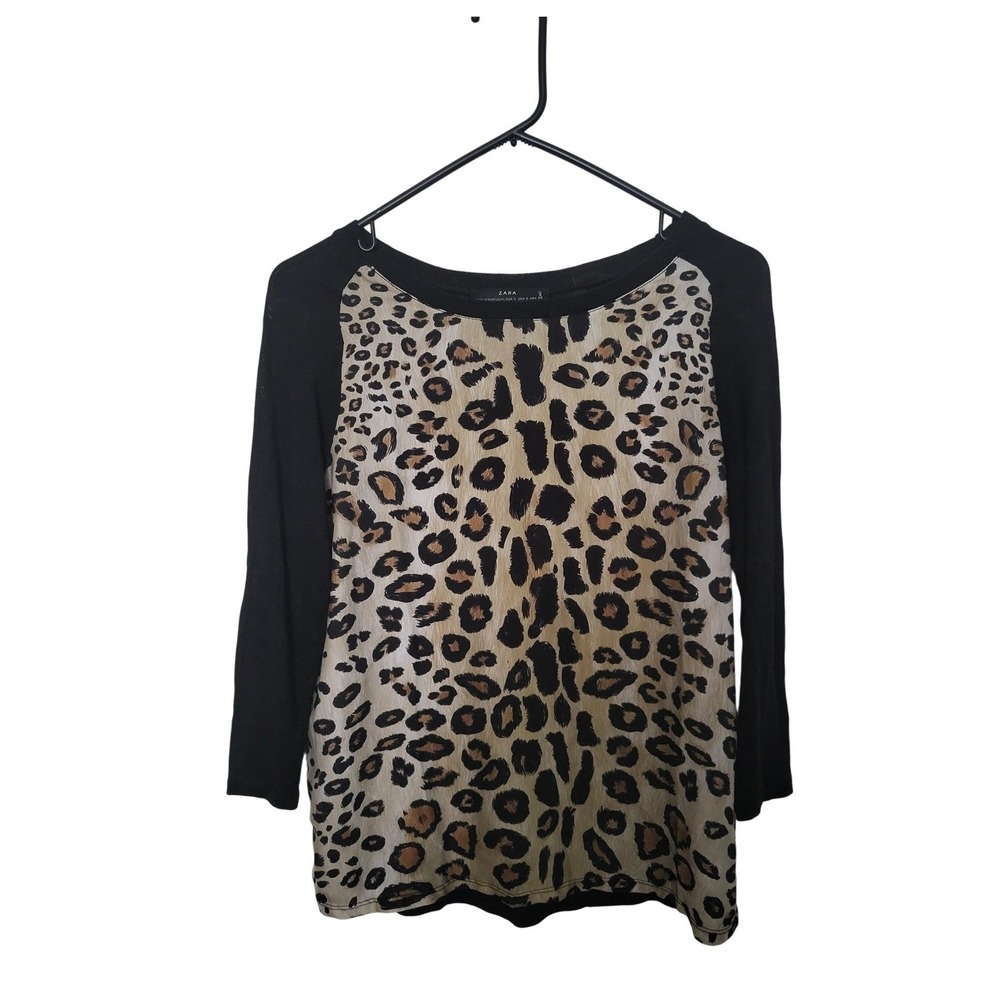 Zara Leopard Print Mixed Media Top Womens Size S Black Linen Raglan Long Sleeve